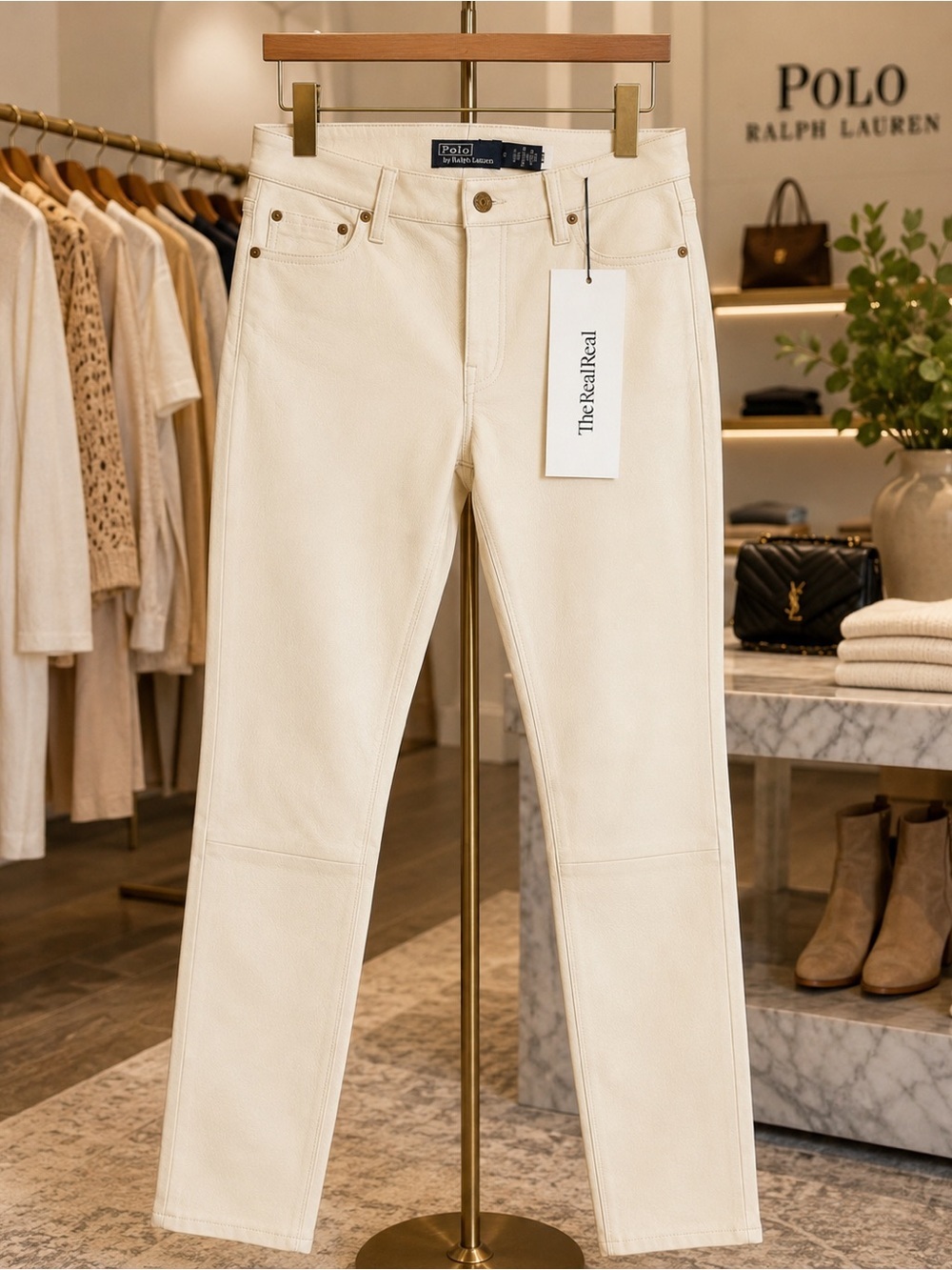 Polo Ralph Lauren 100% Lamb Leather Pants Size 8 Cream Skinny NWT The RealReal